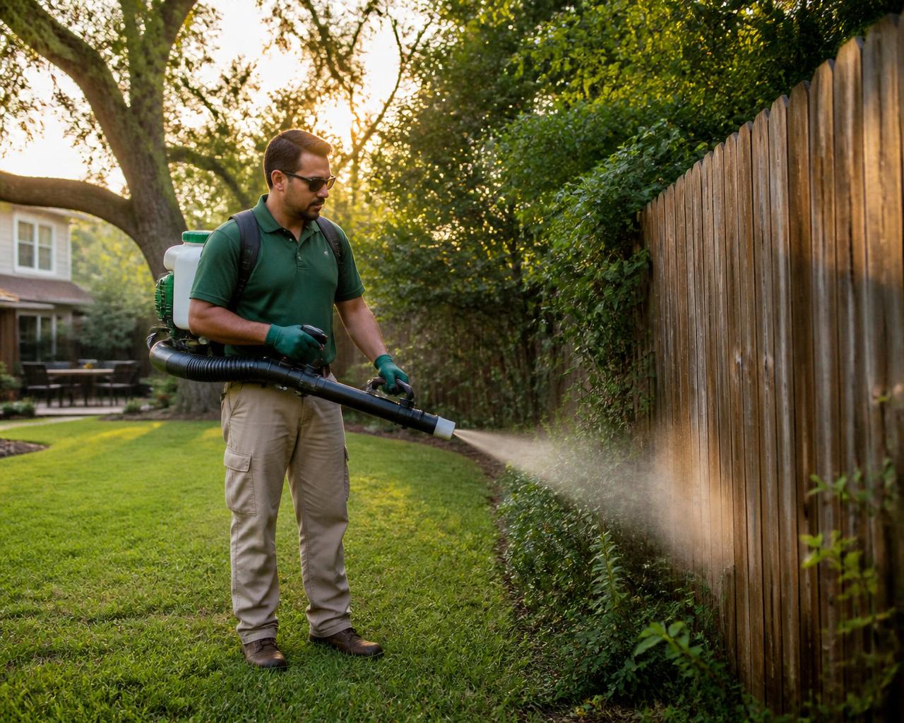 Licensed technician operating a backpack ULV fogger along the fence line of an Austin backyard