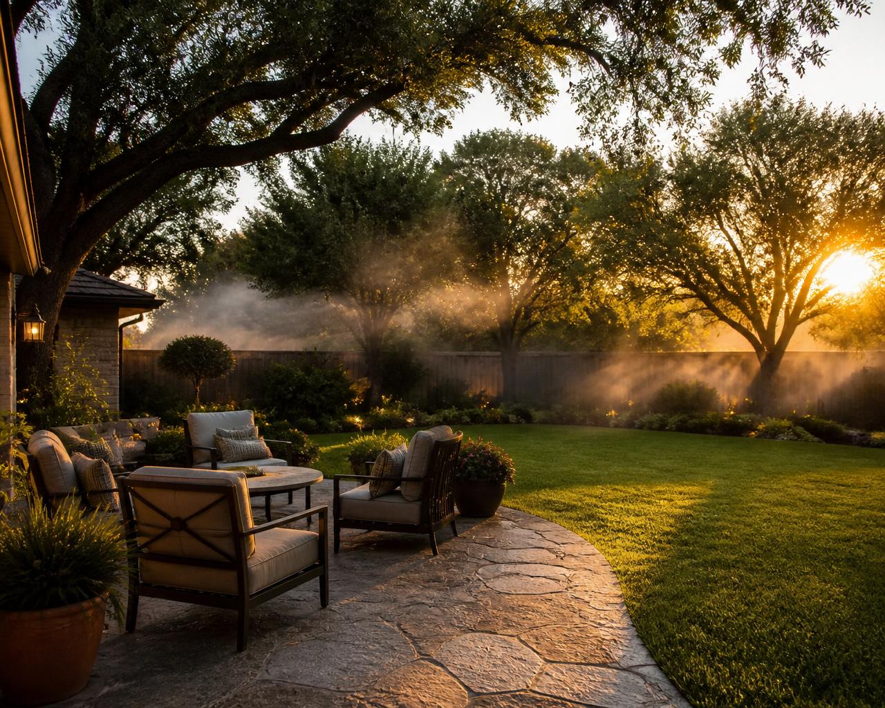 Manicured Austin backyard with stone patio and oak trees protected by professional mosquito fogging