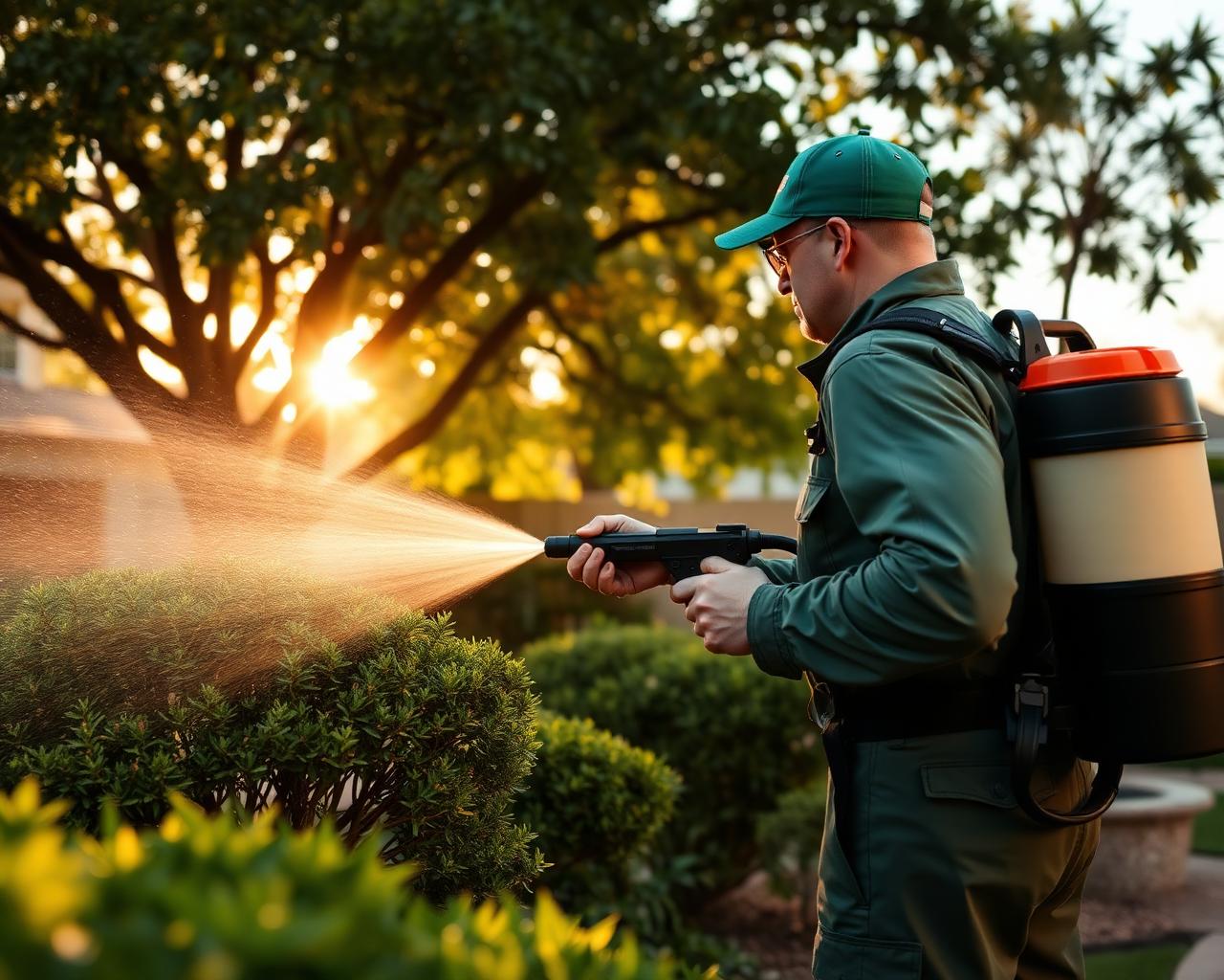 Licensed technician spraying shaded landscaping with a back-pack mist blower during a one-time mosquito treatment in Austin