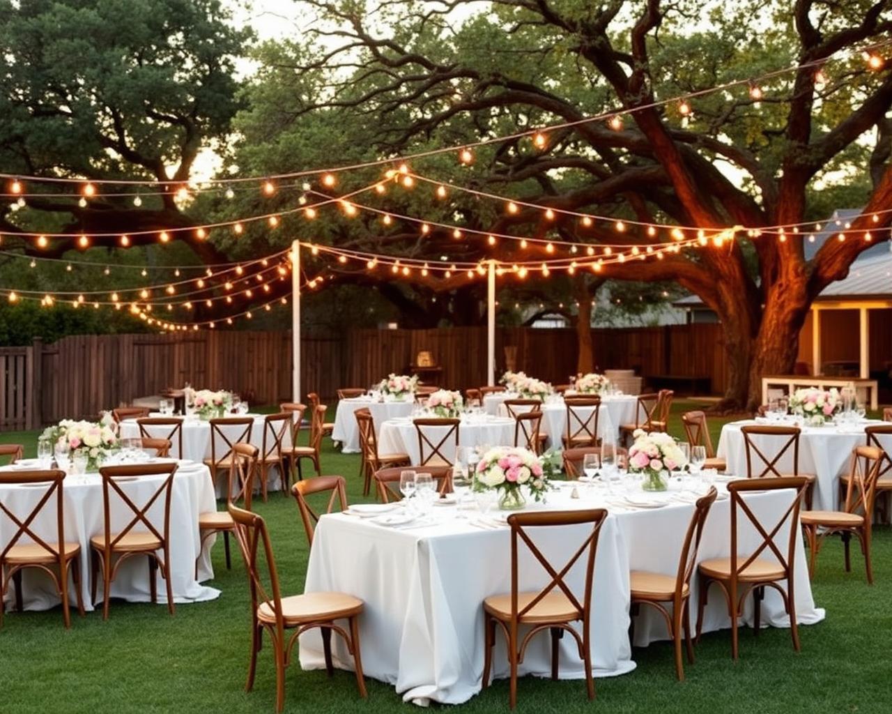 Backyard wedding reception in Austin set with string lights, floral centerpieces, and white-linen tables protected by a one-time mosquito treatment
