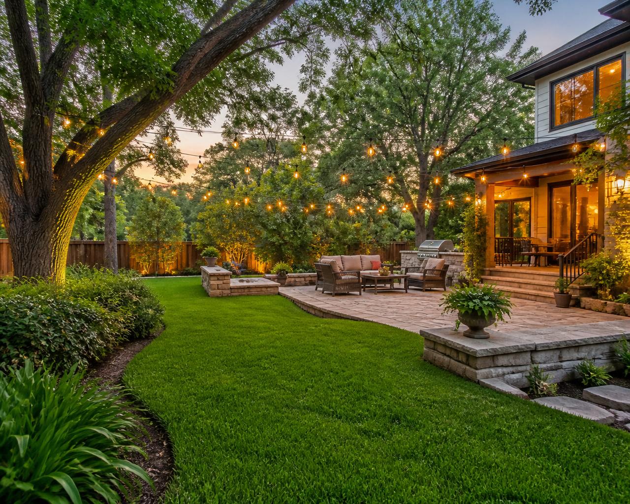Manicured Austin backyard with stone patio, string lights, and St. Augustine lawn protected by a seasonal mosquito control program
