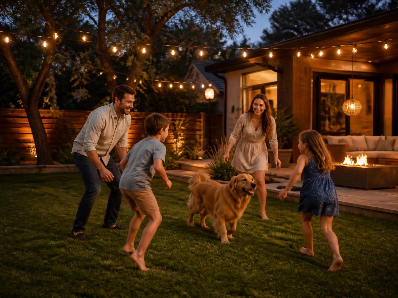 Austin family and dog enjoying a mosquito-free backyard under string lights at dusk