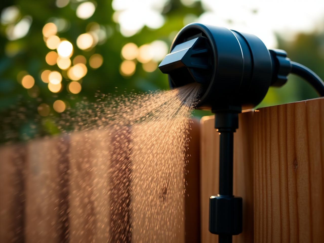 Automated mosquito misting system nozzle releasing fine mist along a cedar fence at dawn